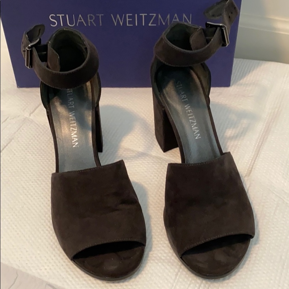 Stuart Weitzman Sohogal Suede Black Stacked Heels